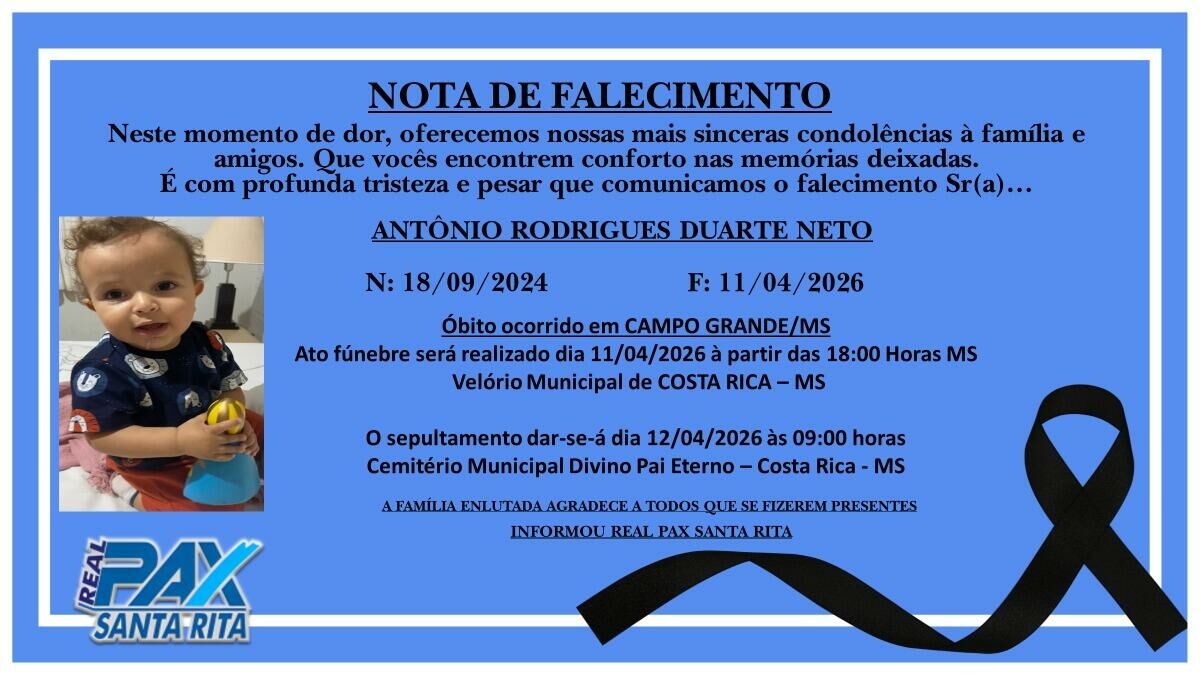 Imagem de compartilhamento para o artigo Velório de bebê de 1 ano terá início às 18h deste sábado em Costa Rica da MS Todo dia